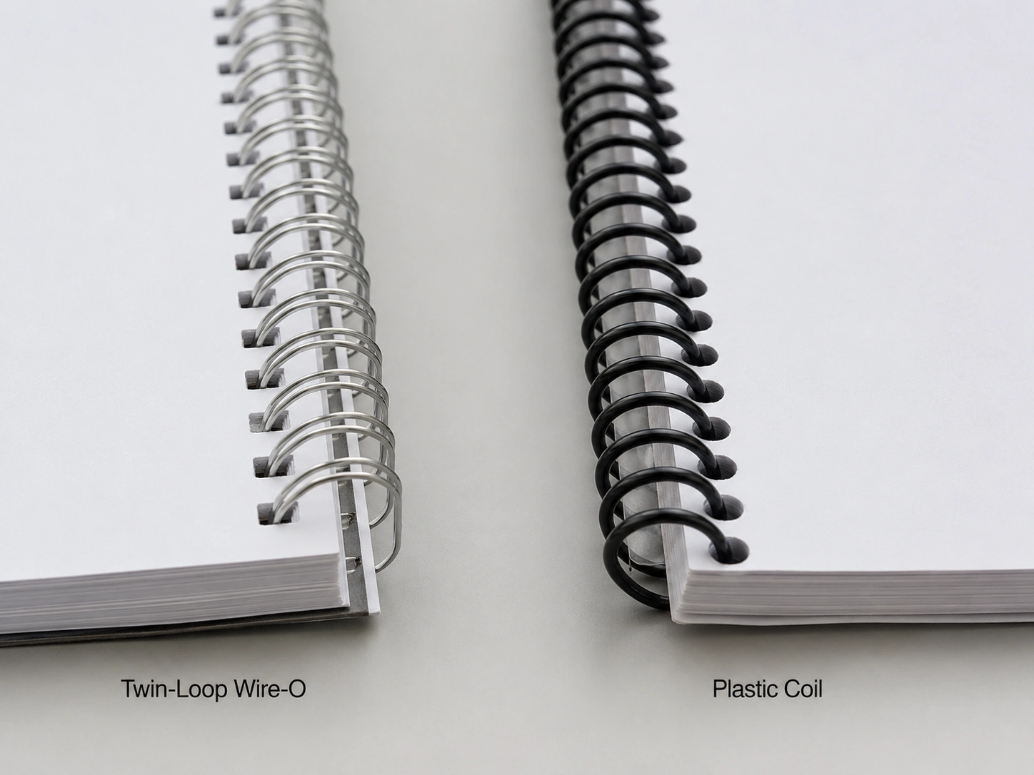 Visual representation of Twin-Loop Wire-O versus Plastic Coil binding spines side by side Visual representation of Twin-Loop Wire-O versus Plastic Coil binding spines side by side
