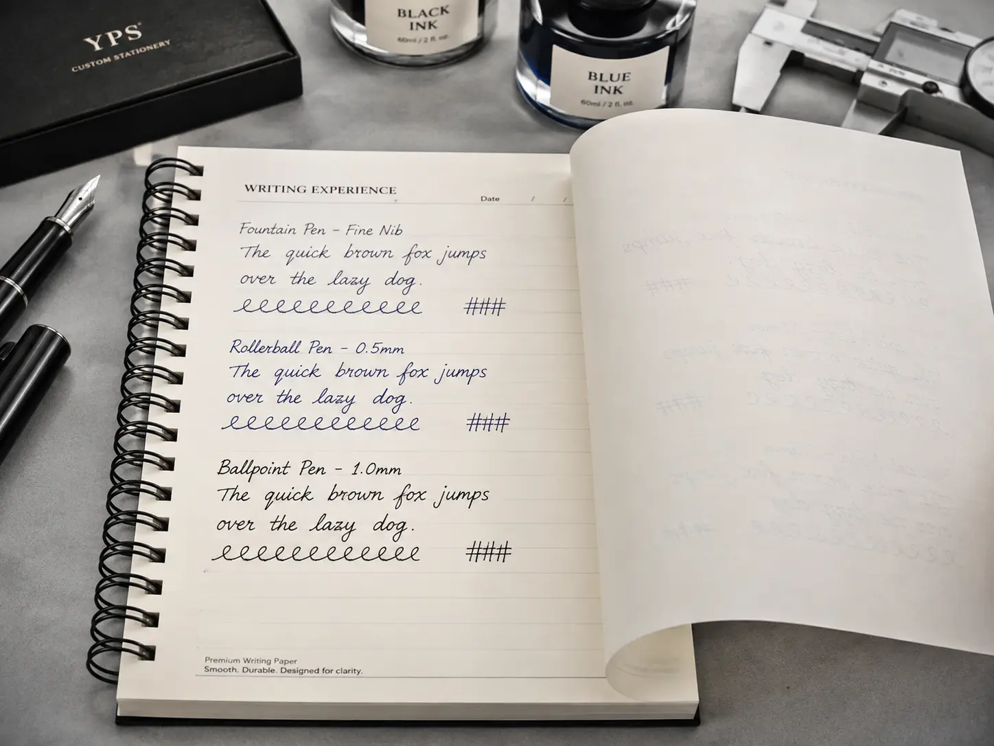 Premium notebook paper tested with fountain pen, rollerball and office pens Premium notebook paper tested with fountain pen, rollerball and office pens
